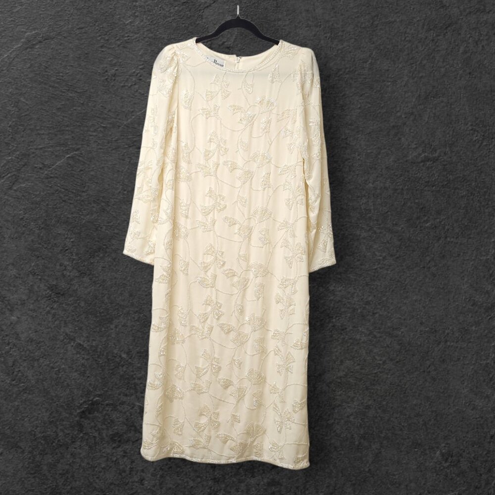 Vintage 1970s Jack Bryan Scoop Neck 3/4 Sleeve Midi Dress  Beaded Sequin Formal